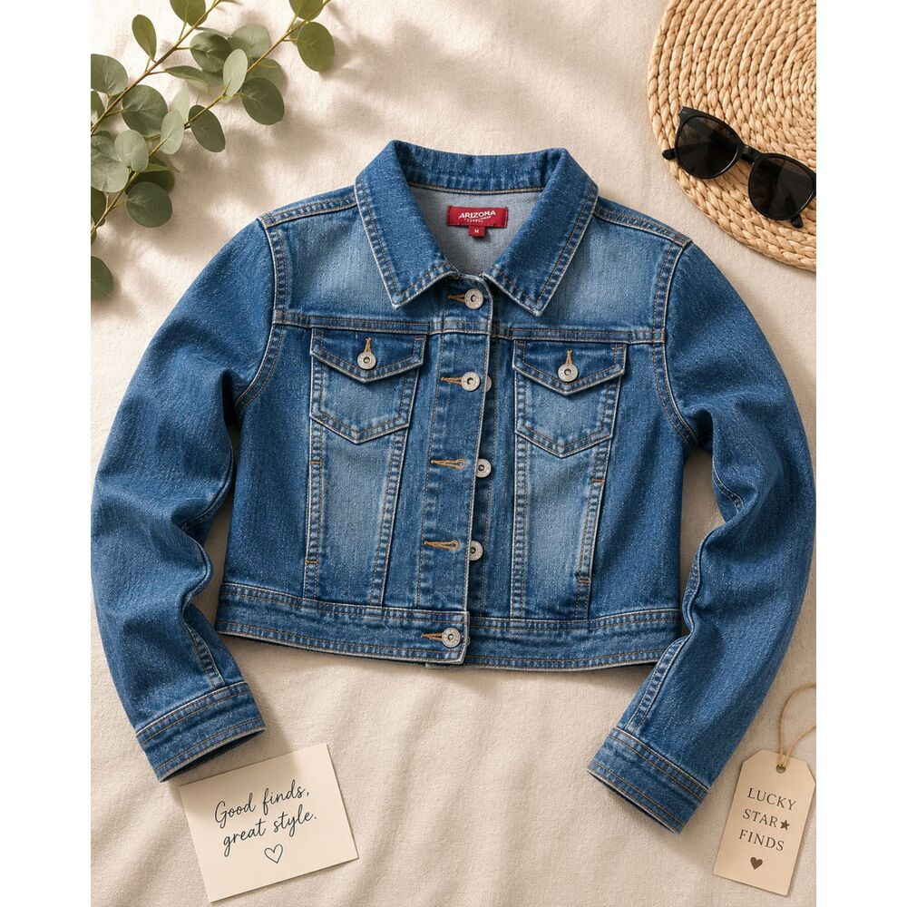 Arizona Jean Co Girls XL 16 Blue Denim Jean Jacket Stretch Button Front